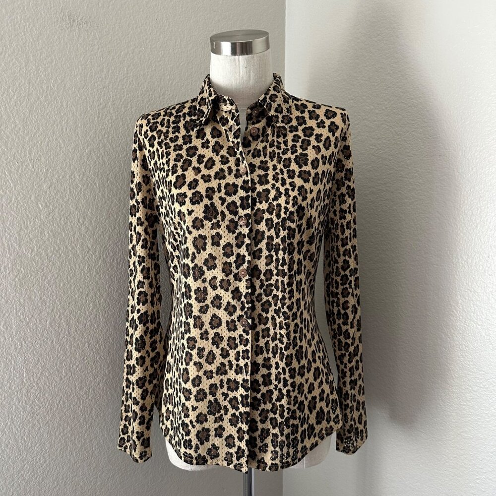 Fendi Polyester Pierced Button Up Shirt Animal Print Long Sleeve Airy Tan Brown